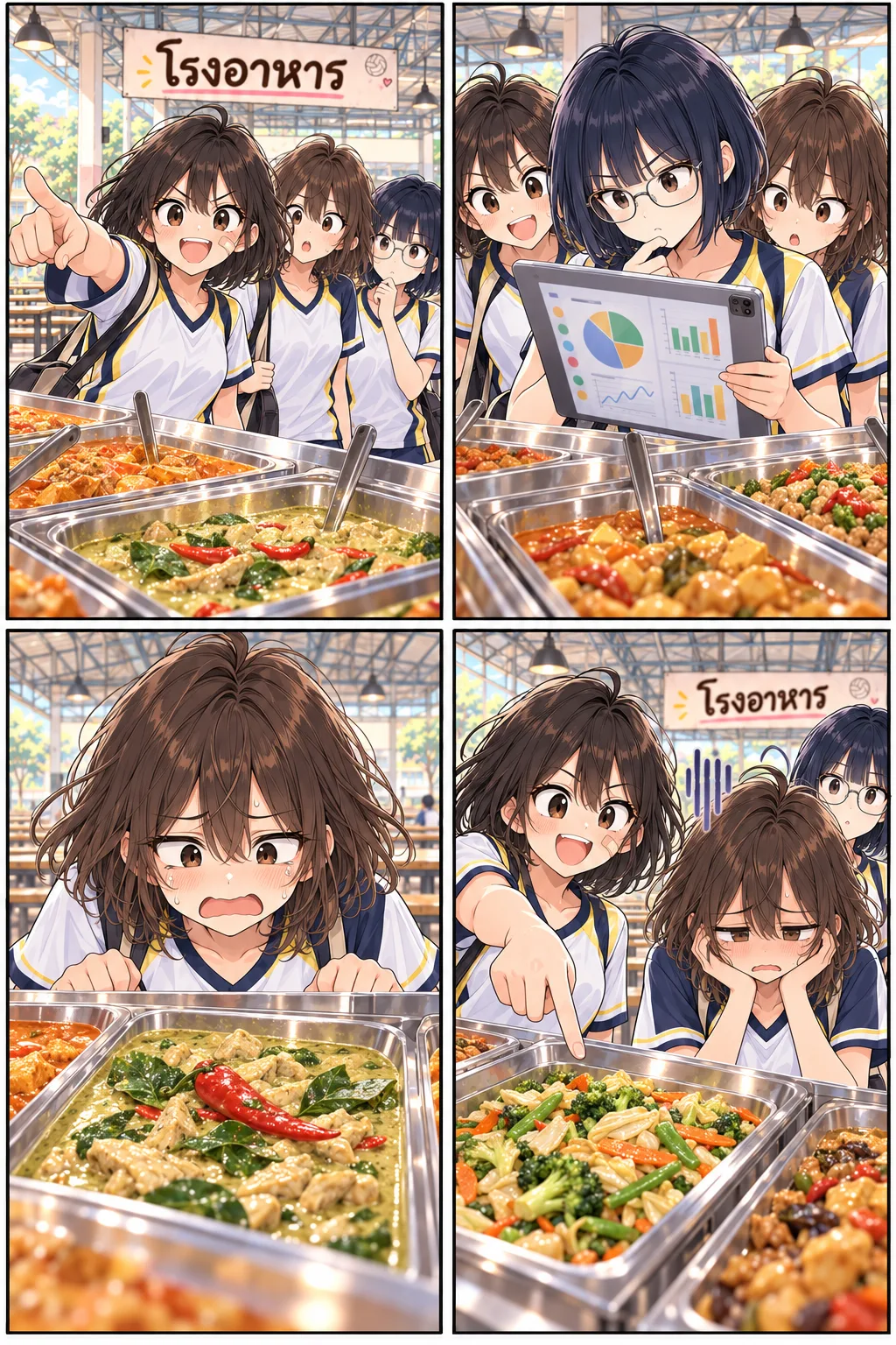 การ์ตูนหน้า 2: สามสาวเลือกข้าวราดแกงในโรงอาหาร