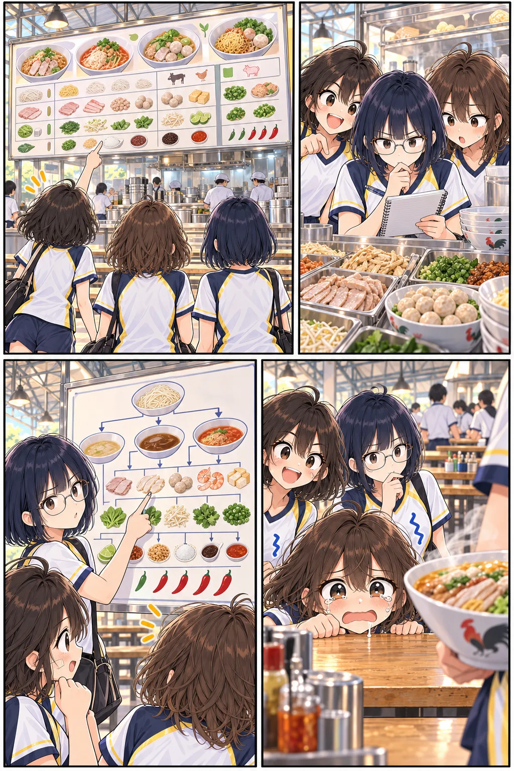 การ์ตูนหน้า 3: สามสาวเลือกก๋วยเตี๋ยวในโรงอาหาร