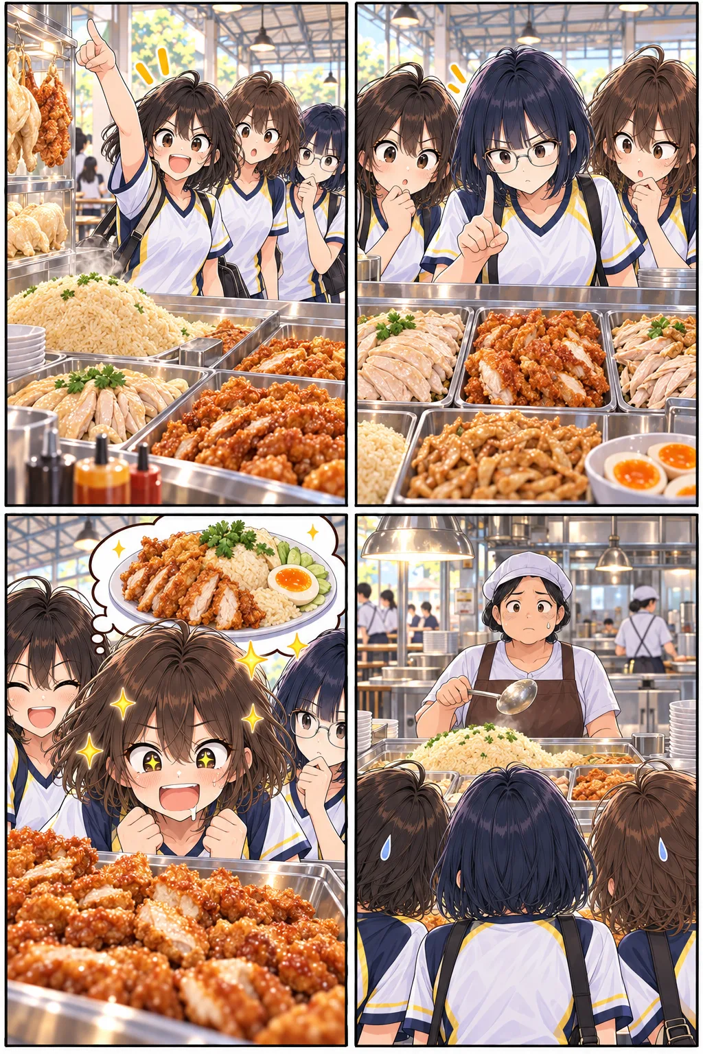 การ์ตูนหน้า 4: สามสาวเลือกข้าวมันไก่ในโรงอาหาร